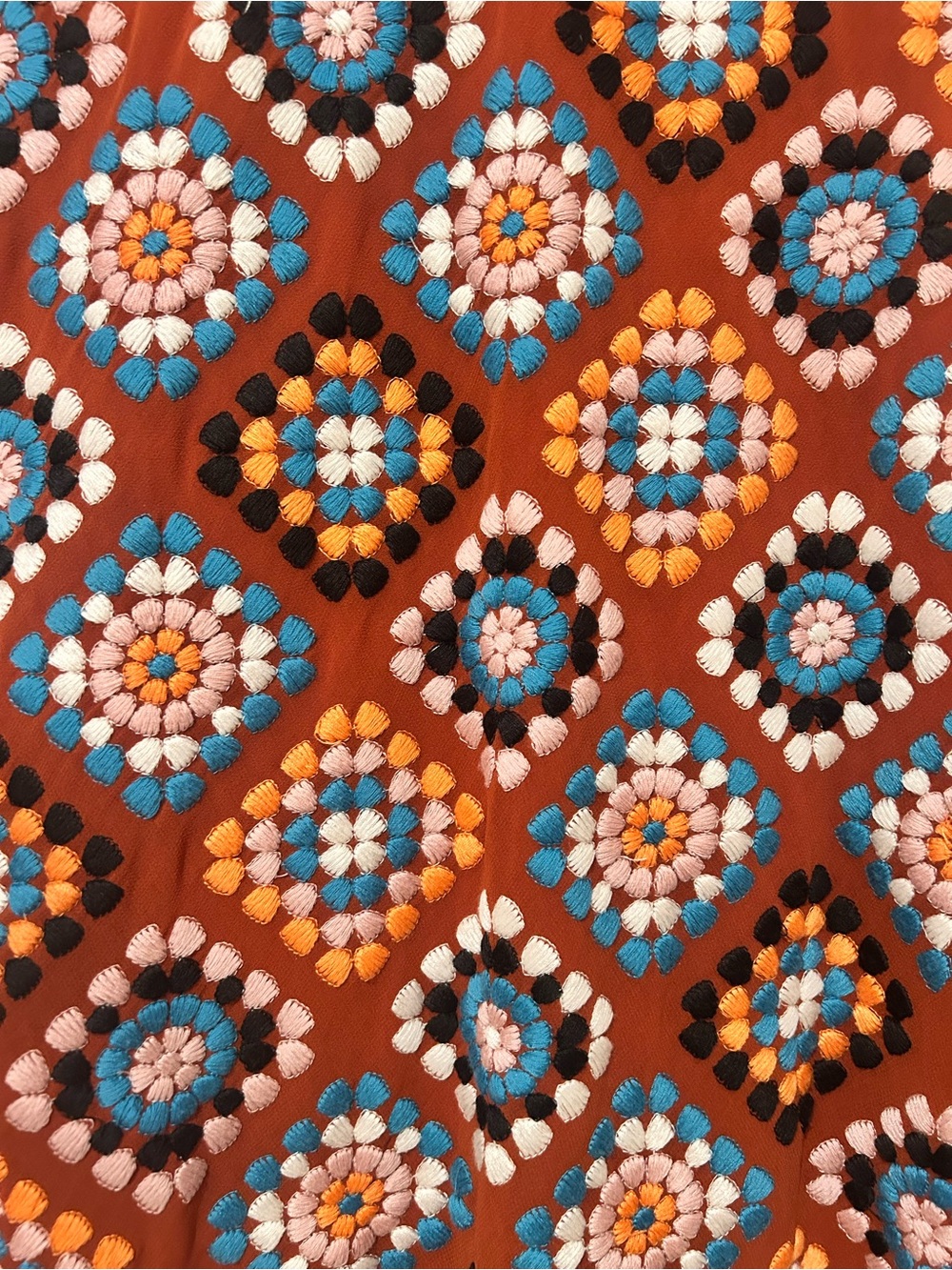Anthropologie Rust & Boho Tile Embroidered Granny Square Midi Skirt - Picture 2 of 11